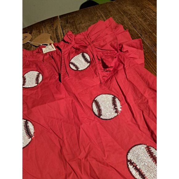 NEW Bibi Womens Small Baseball Game Day Dress Red Ruffle Sleeve Pockets - Picture 7 of 10
